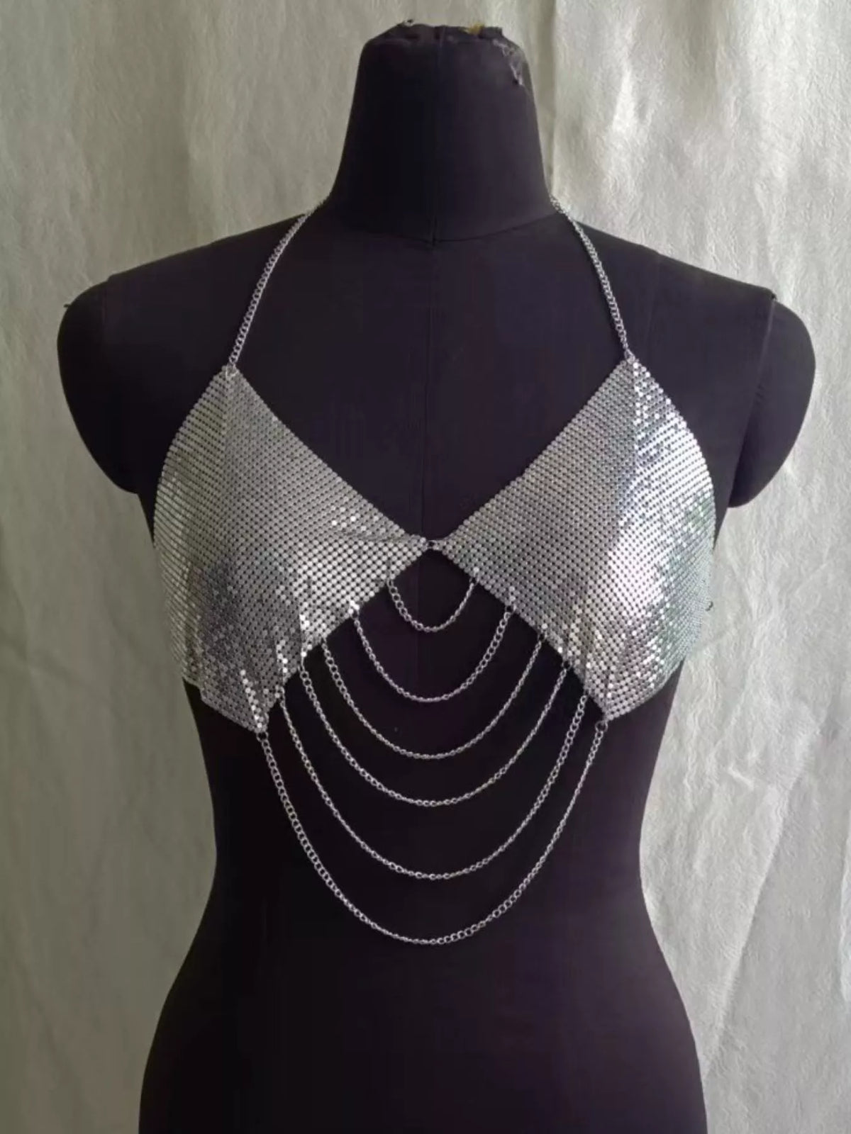 Silver metallic chainmail halter cami top