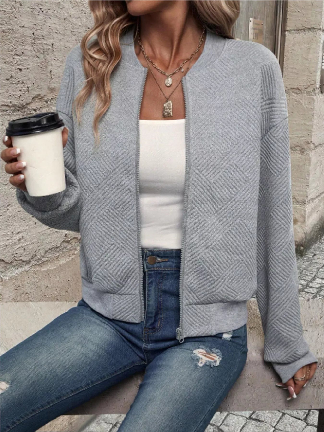 Trendsi Textured Knit Zip-Up Bomber Jacket -