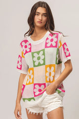 Trendsi BiBi Flower Checker Pattern Lightweight Sweater Top -