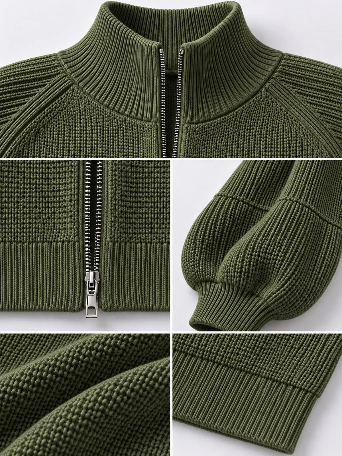 Army Green ribbed knit zip-up lantern sleeve cardigan, detail view