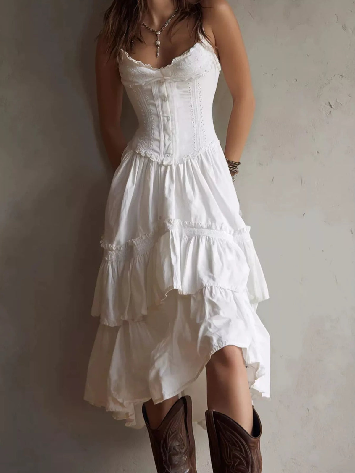 Layered Ruffle Midi Dress in white
