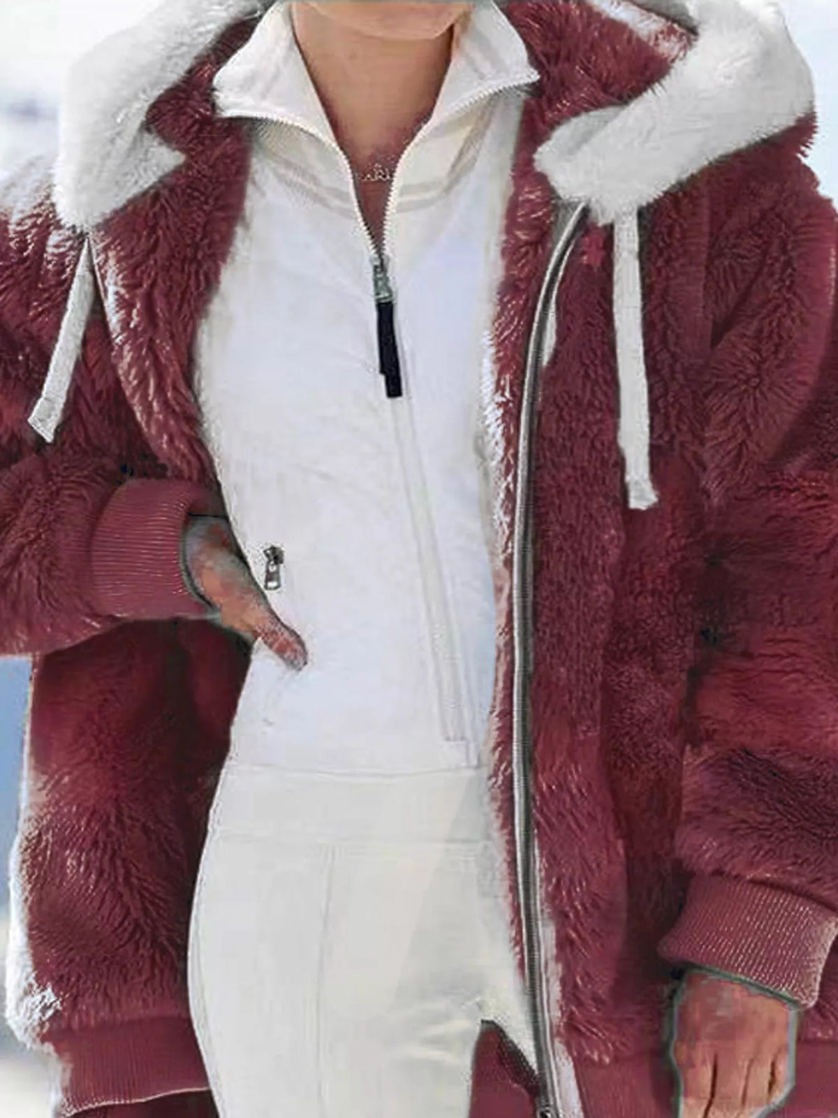 Burgundy with white hood trim faux fur zip up hooded jacket, front view