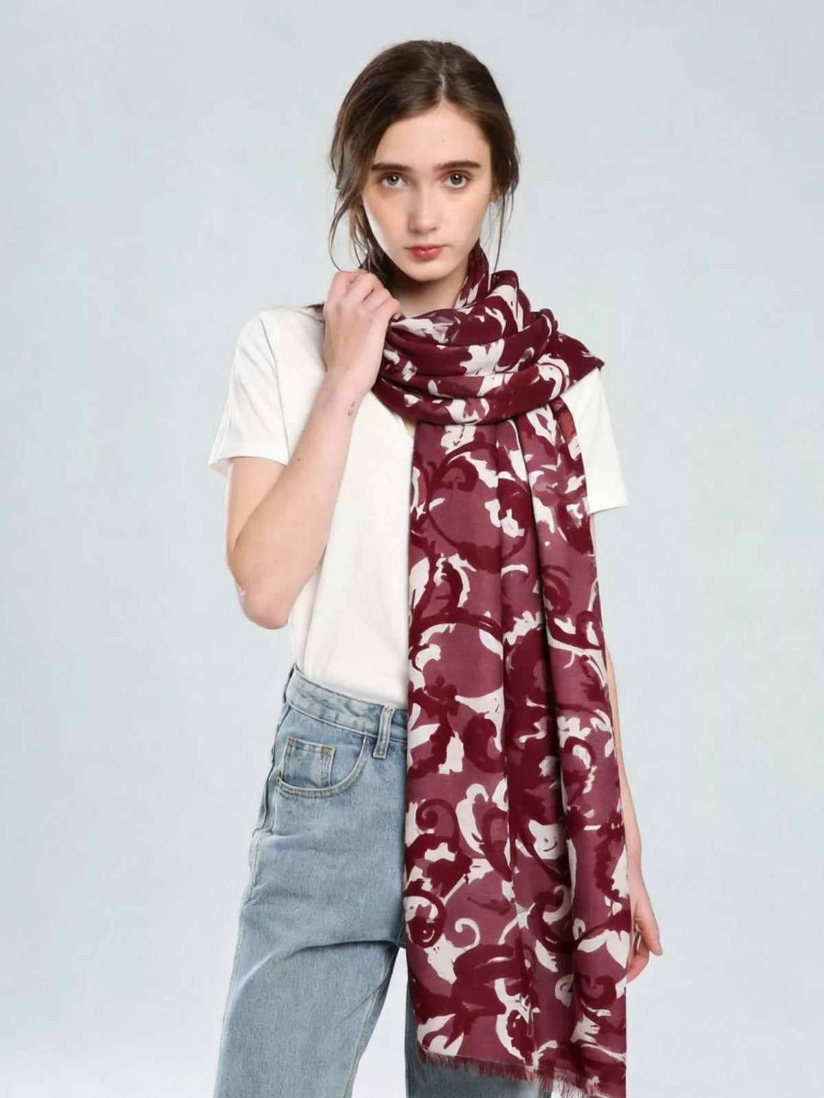 Botanical Print Fringed Scarf, shown worn