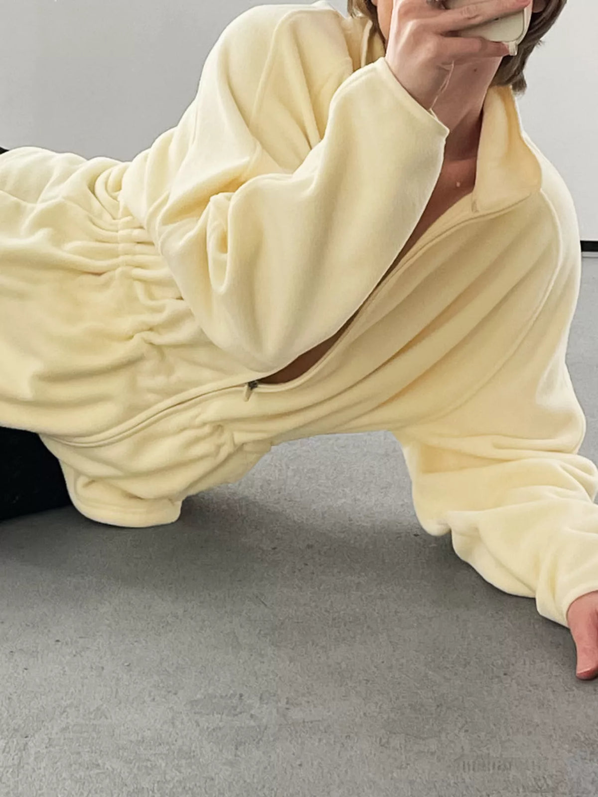 Yellow drawstring fleece zip-up jacket