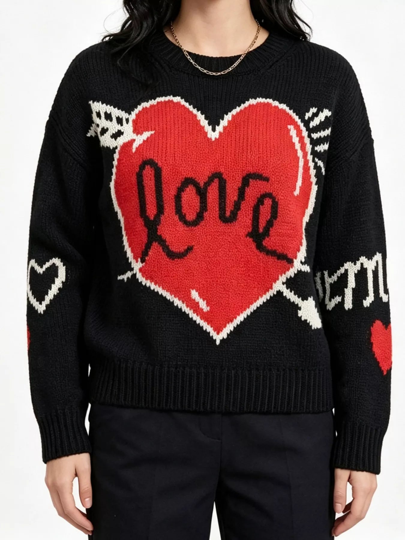 Trendsi Heart Round Neck Ribbed Sweater -