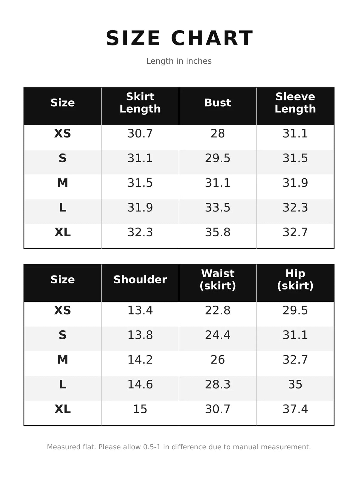 Size chart for glitter mock neck cape-sleeve mini dress