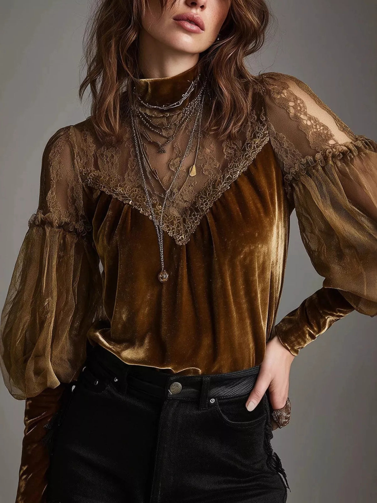 Brown velvet and lace mock neck blouse
