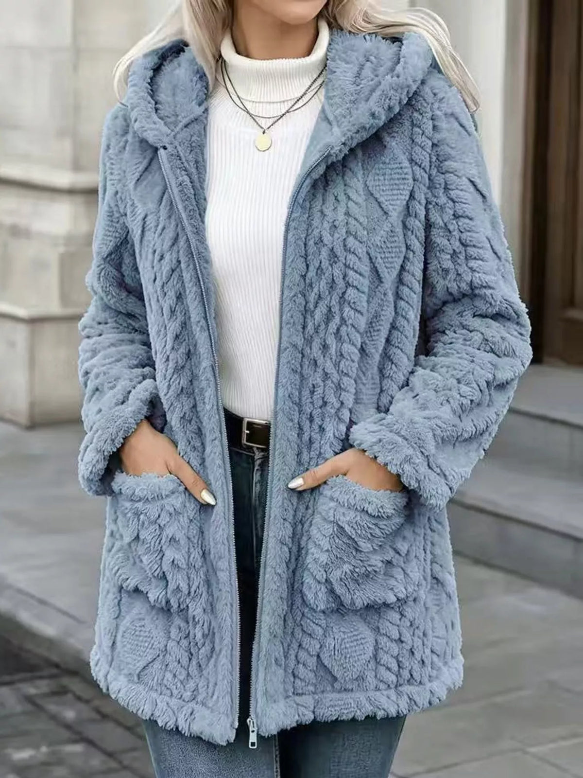 Ocean Blue faux fur hooded zip-up jacket