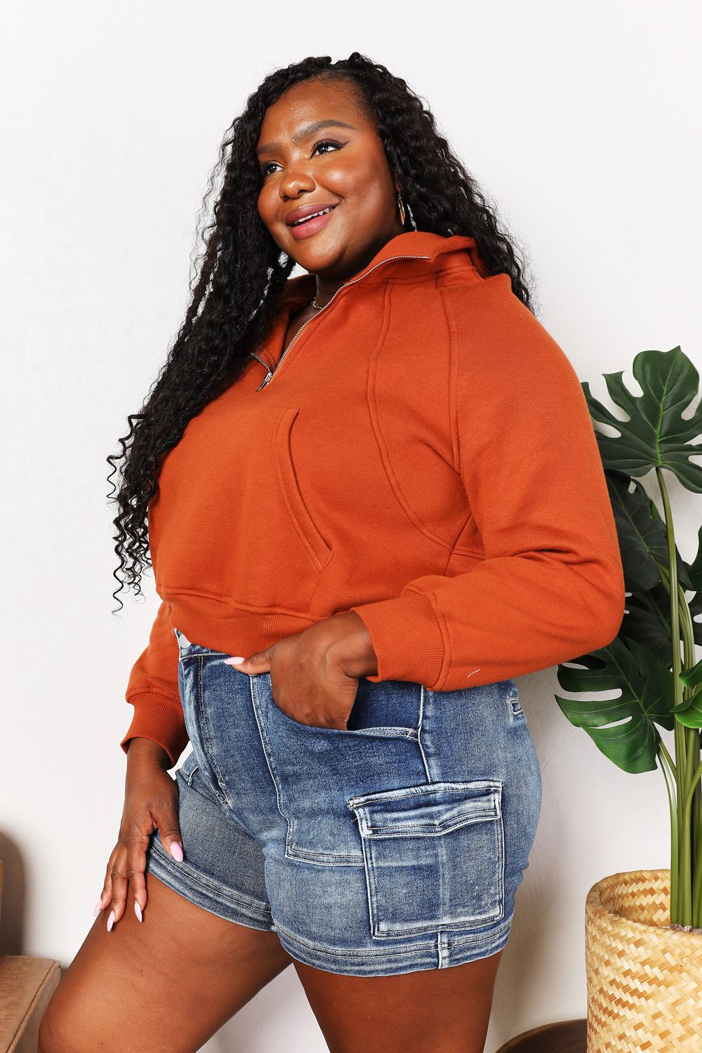 Cropped half-zip long-sleeve hoodie
