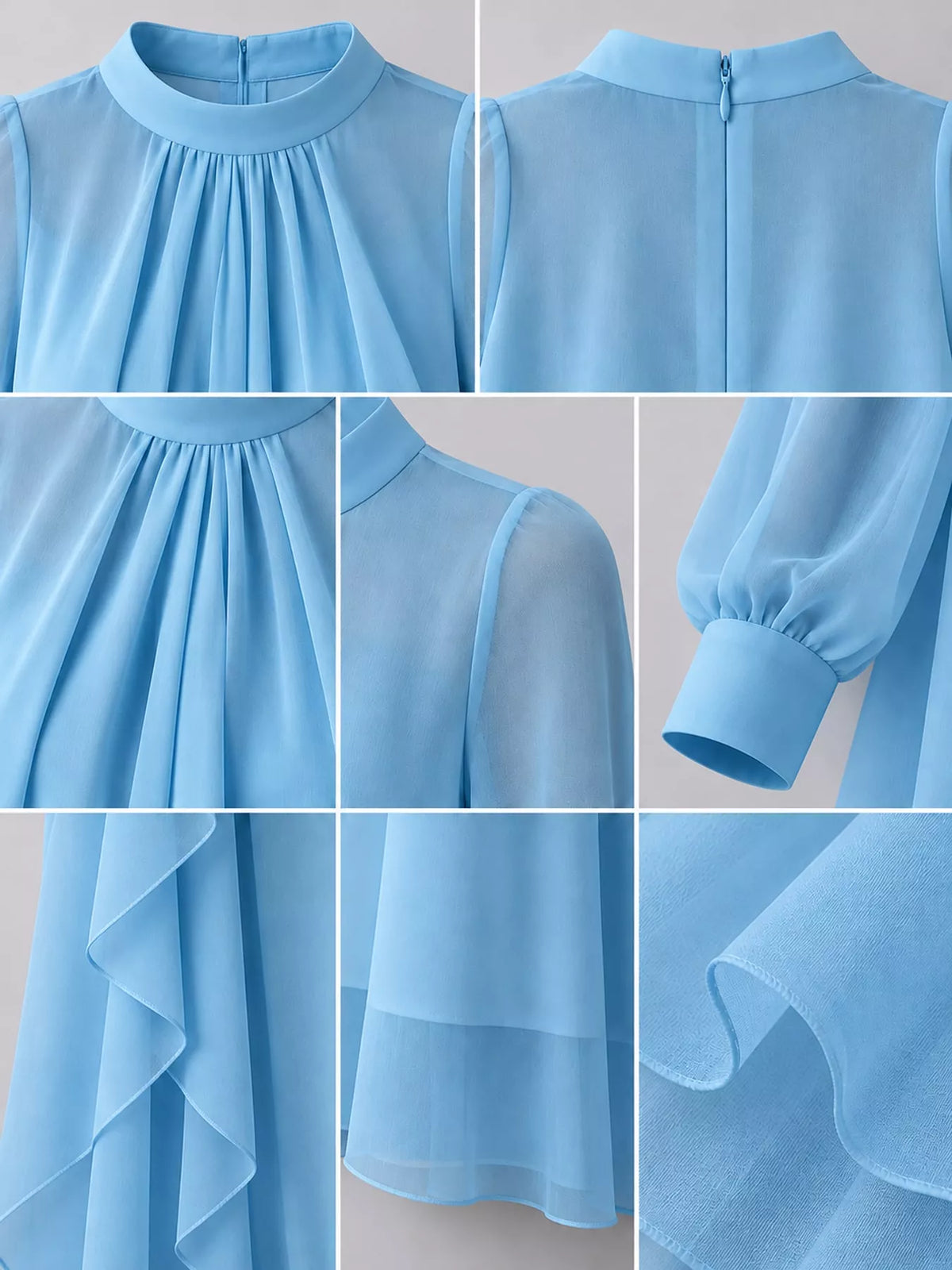 Sheer Sleeve Chiffon Layered Maxi Dress, detail view in light blue
