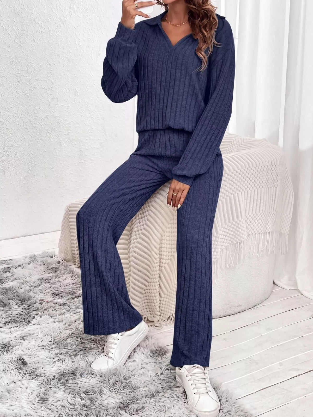 Ribbed Knit Collared Top and Wide Leg Pants Set in navy blue