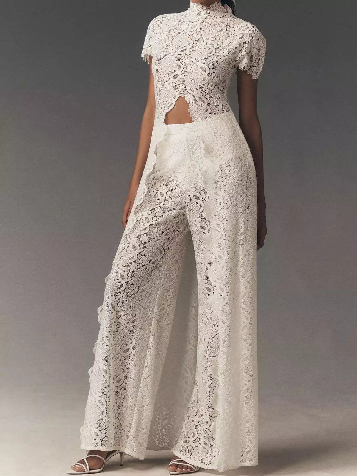 White-Set lace short sleeve top and pants set