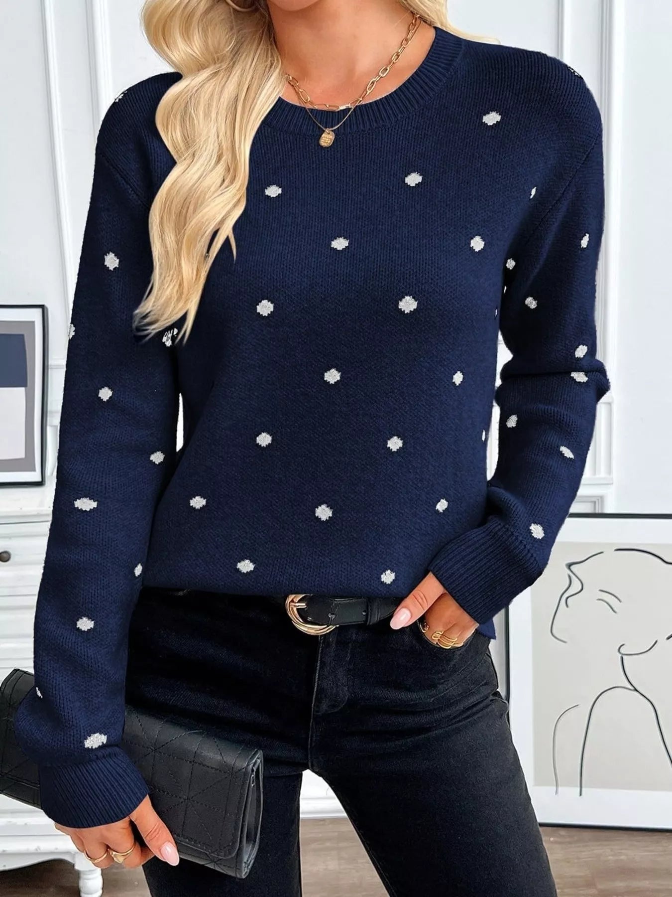 Trendsi Polka Dot Crew Neck Sweater -