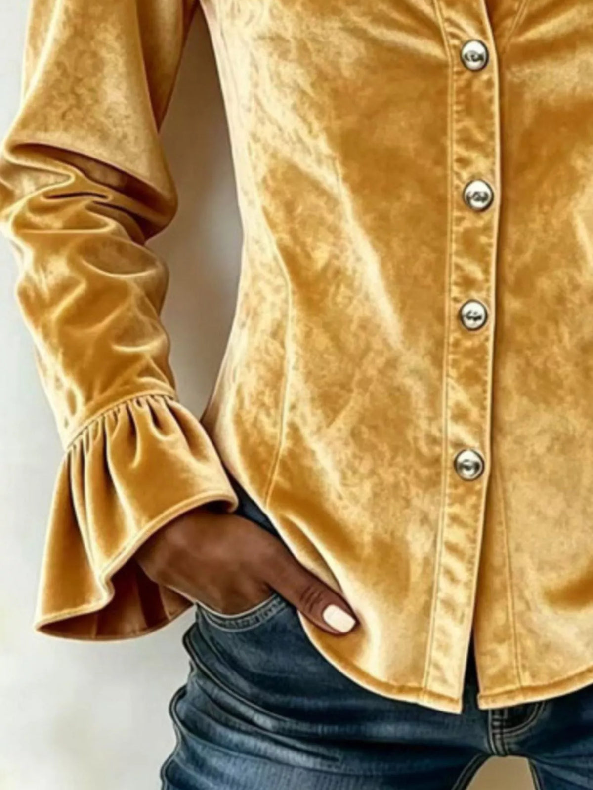Gold velvet flounce-sleeve shirt, button and cuff detail