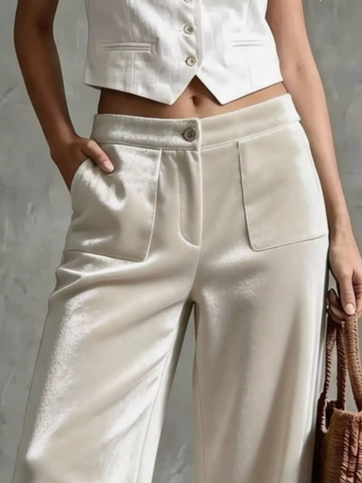 Women's Velvet Wide-Leg Pants in cream — waist detail view