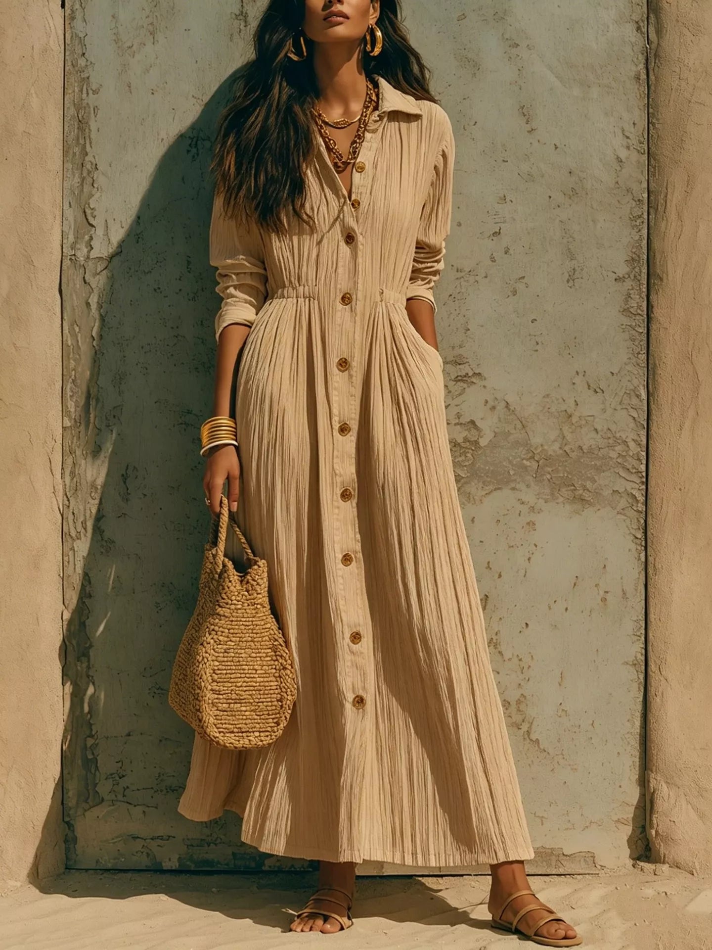 Trendsi Full Size Textured Button Front Long Sleeve Maxi Dress Plus Size -