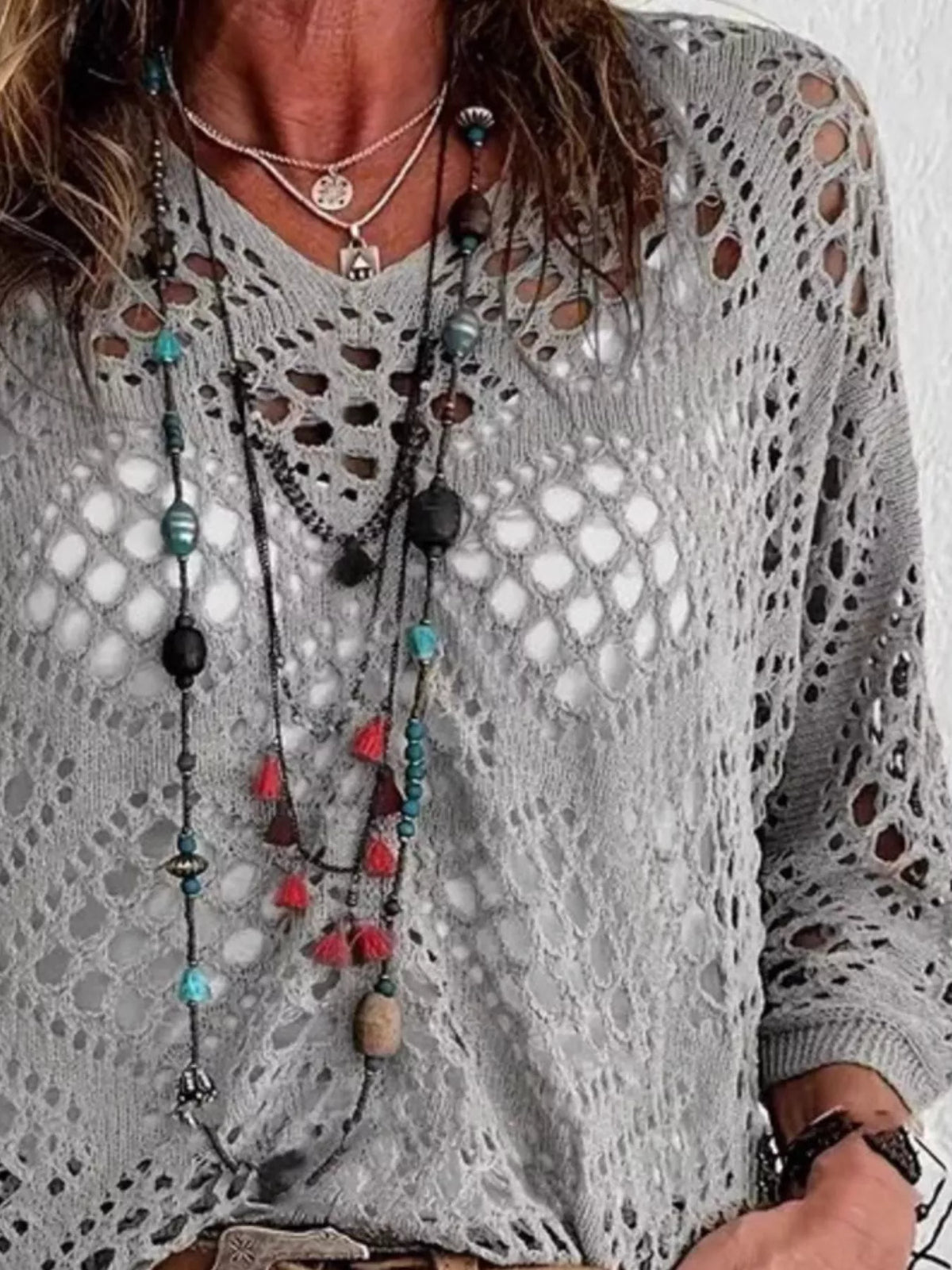 Gray openwork crochet cover-up, crochet detail