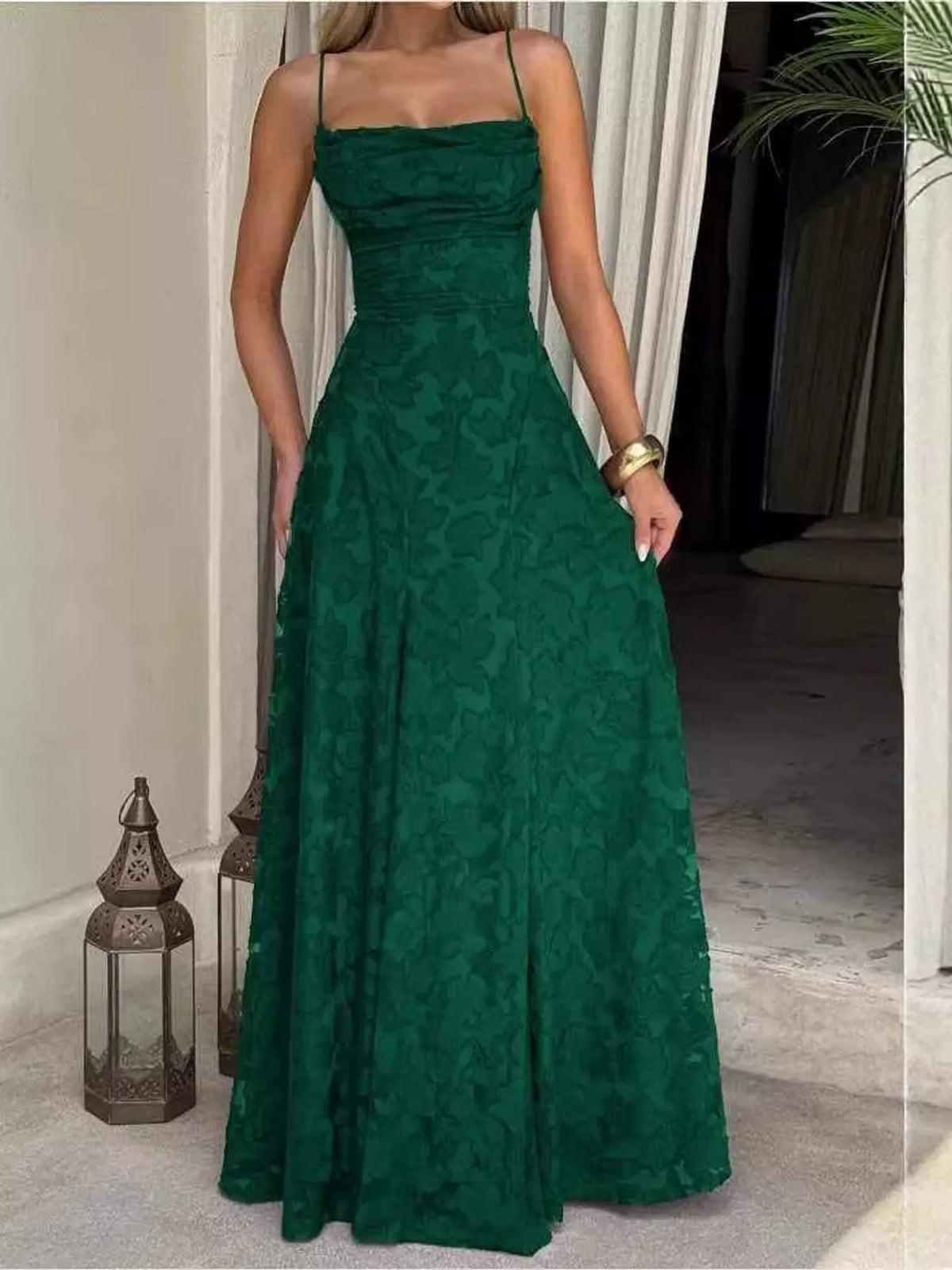 Cowl neck spaghetti-strap maxi dress, front view on model