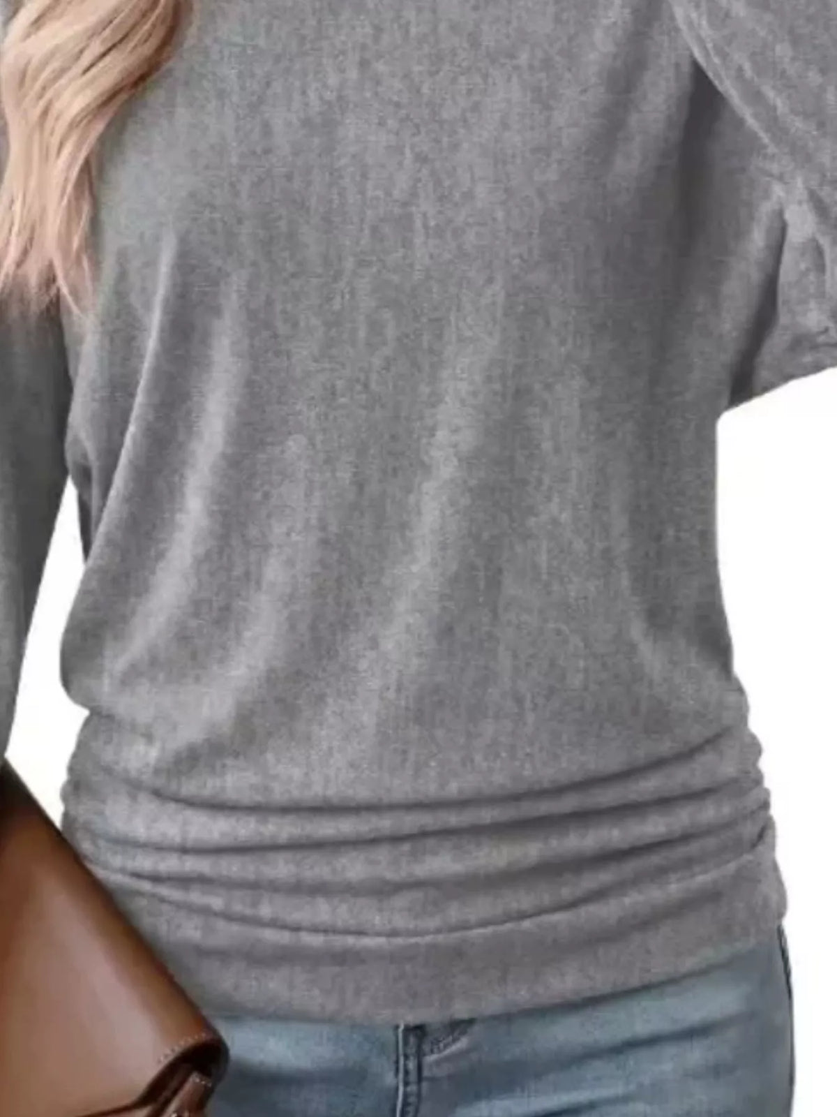 Gray crew neck t-shirt with ruched hem, knit texture and gathered lower hem