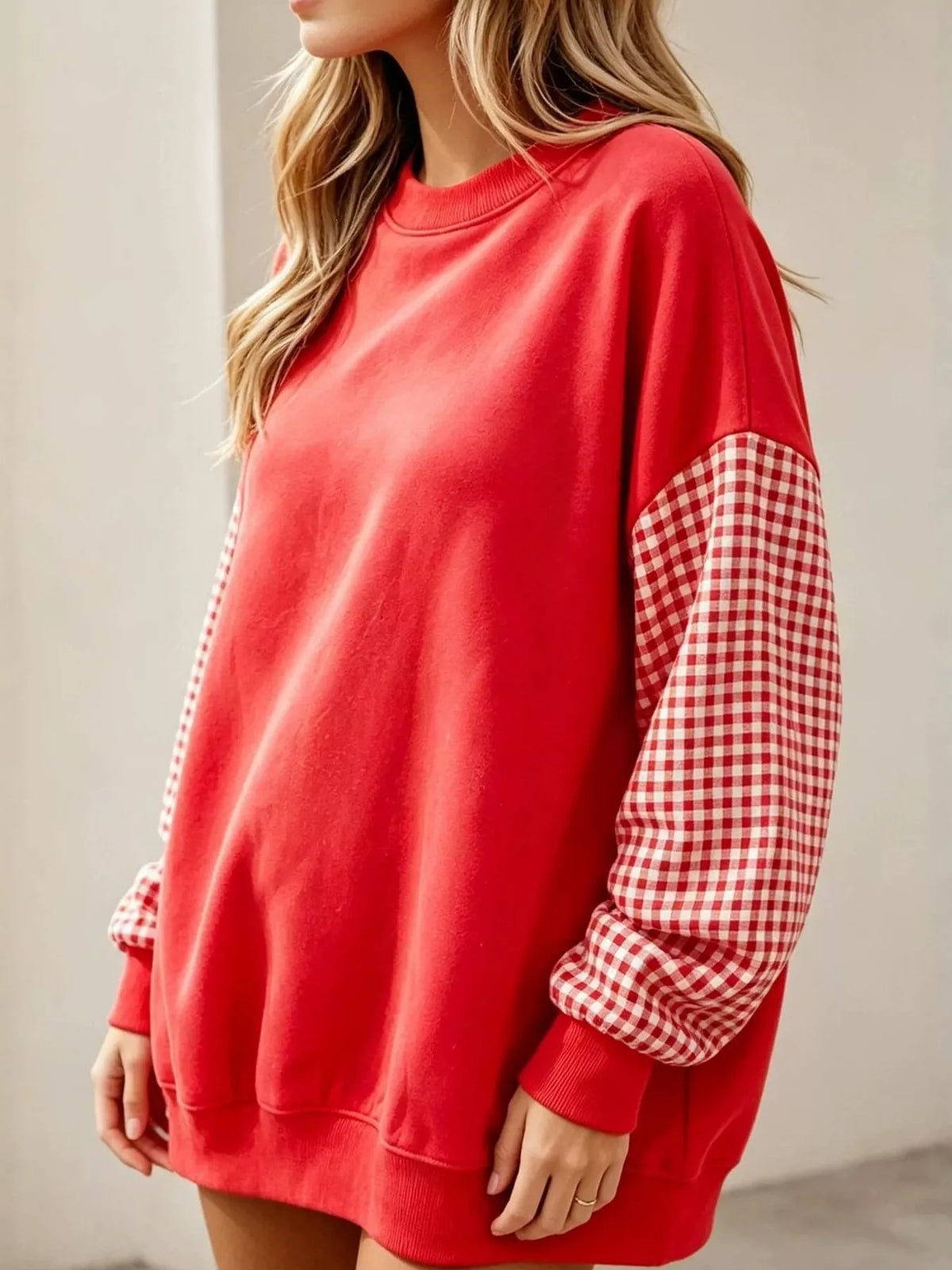 Red and white gingham sleeve dropped shoulder sweatshirt, side view
