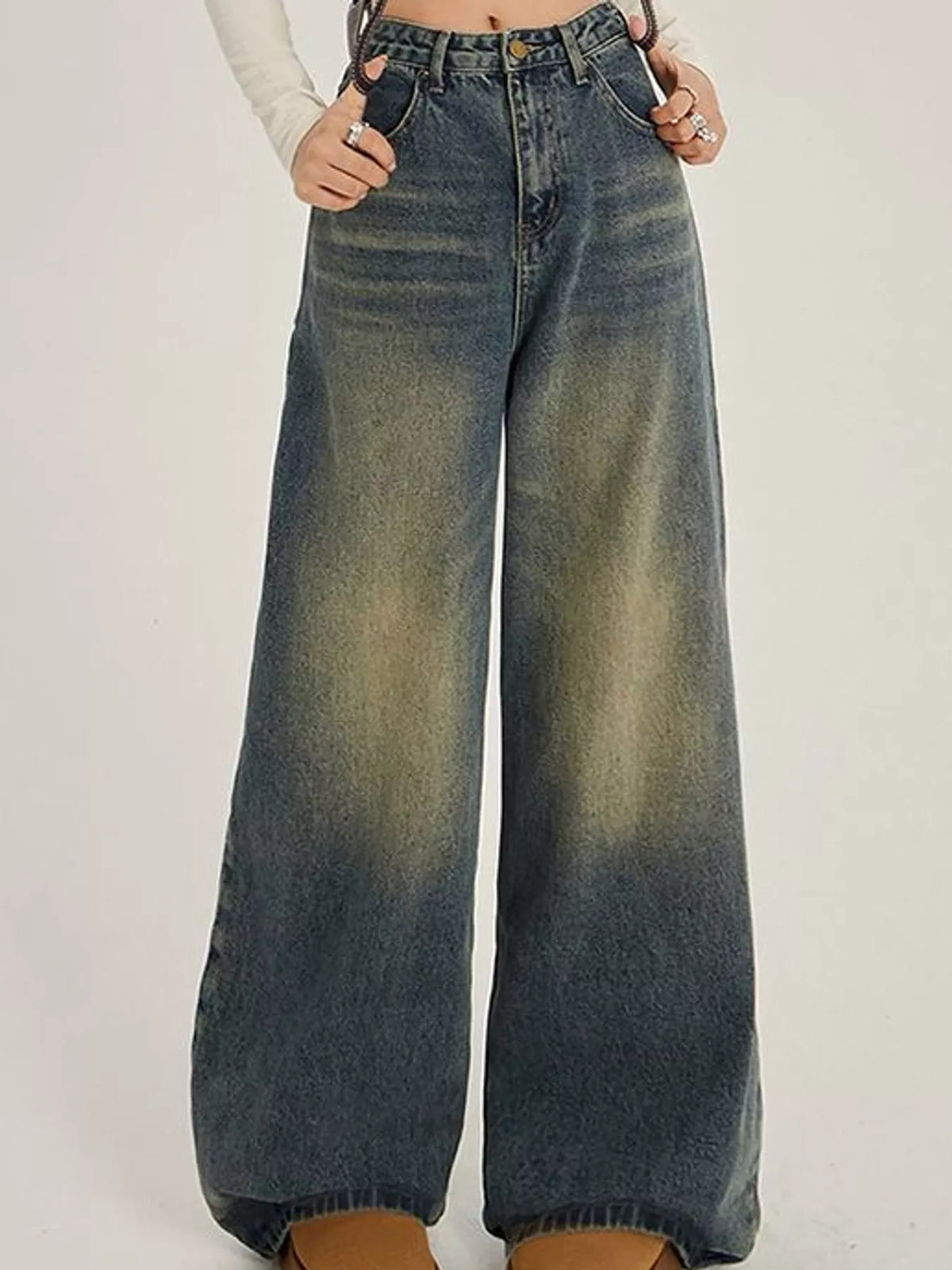 Washed blue high-waisted wide-leg jeans