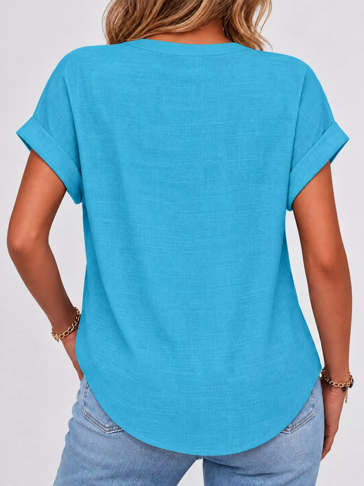 Turquoise button detail short sleeve blouse, back view