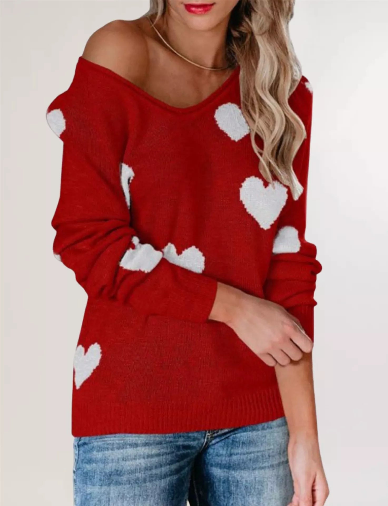 Trendsi Heart Pattern V-Neck Sweater -