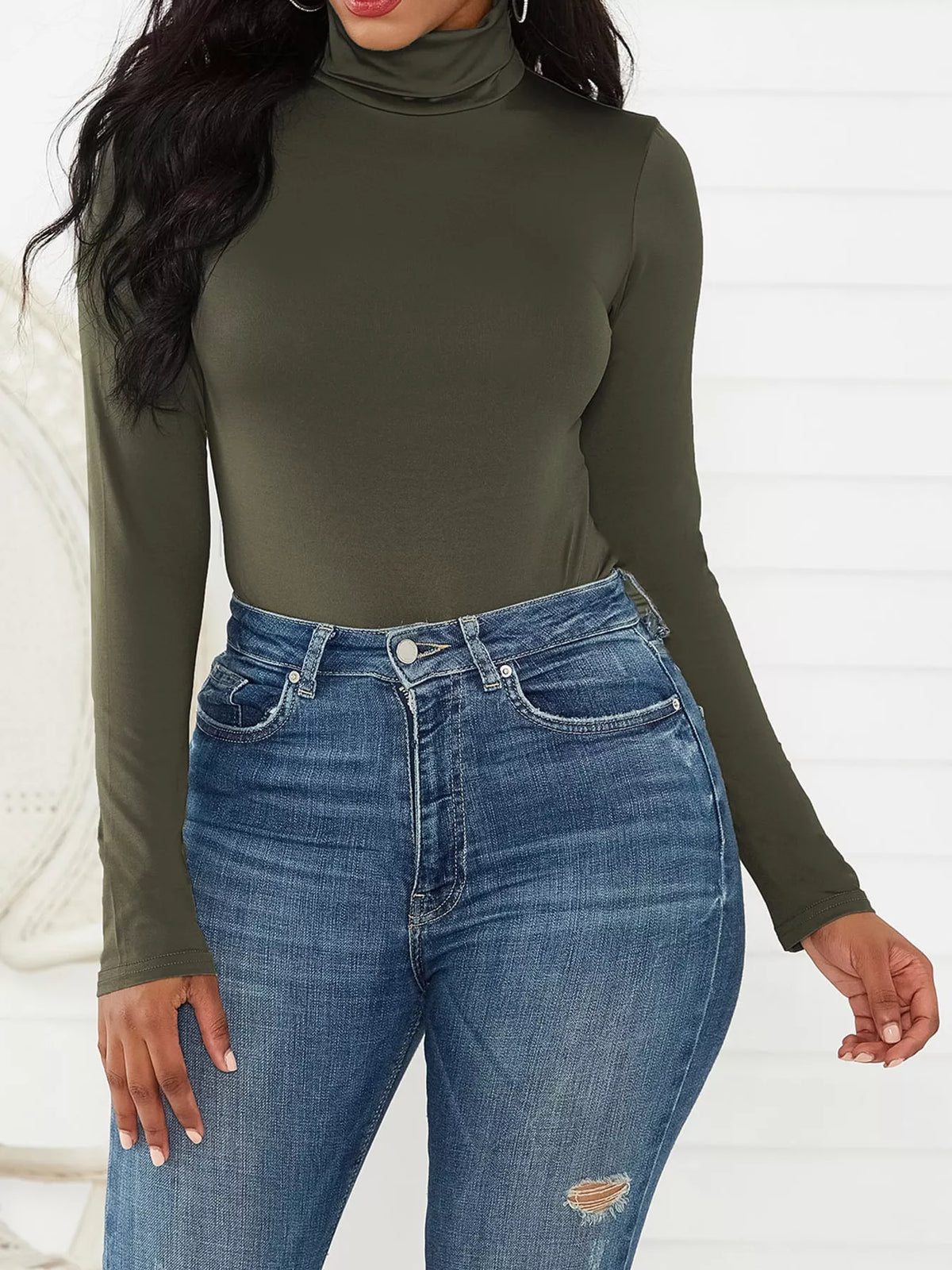 Long Sleeve Turtleneck Slim-Fit Bodysuit in olive green