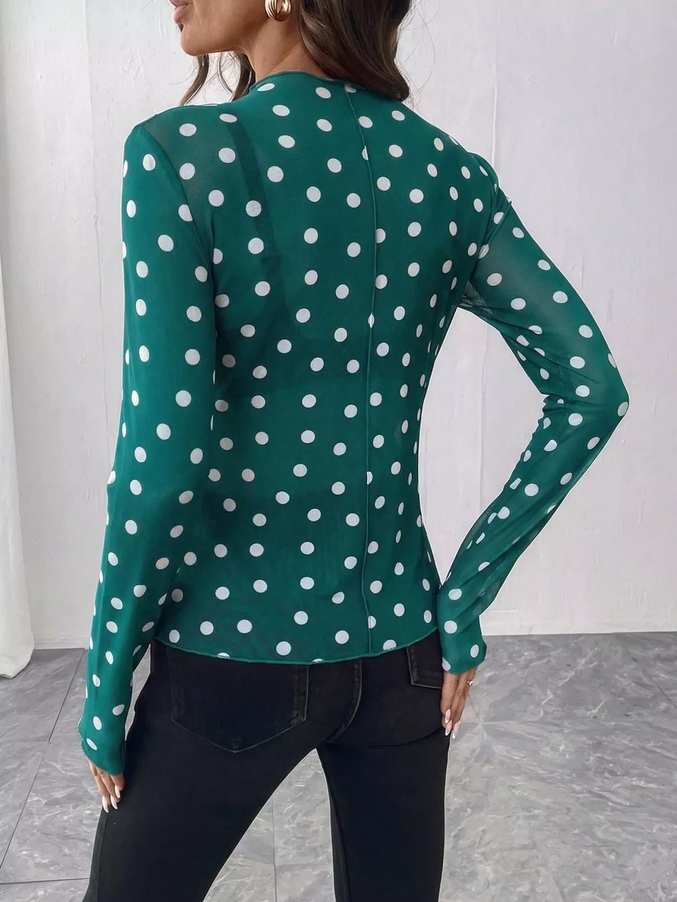 Trendsi Sheer Polka Dot Long Sleeve Mock Neck Top -