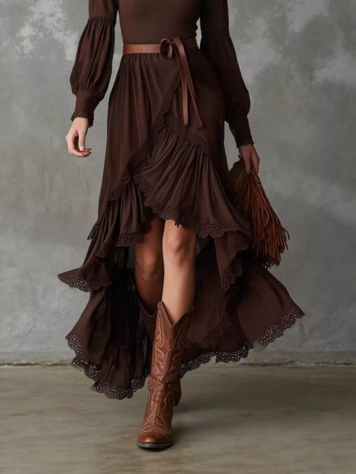 High-Low Hem Surplice Dress in brown