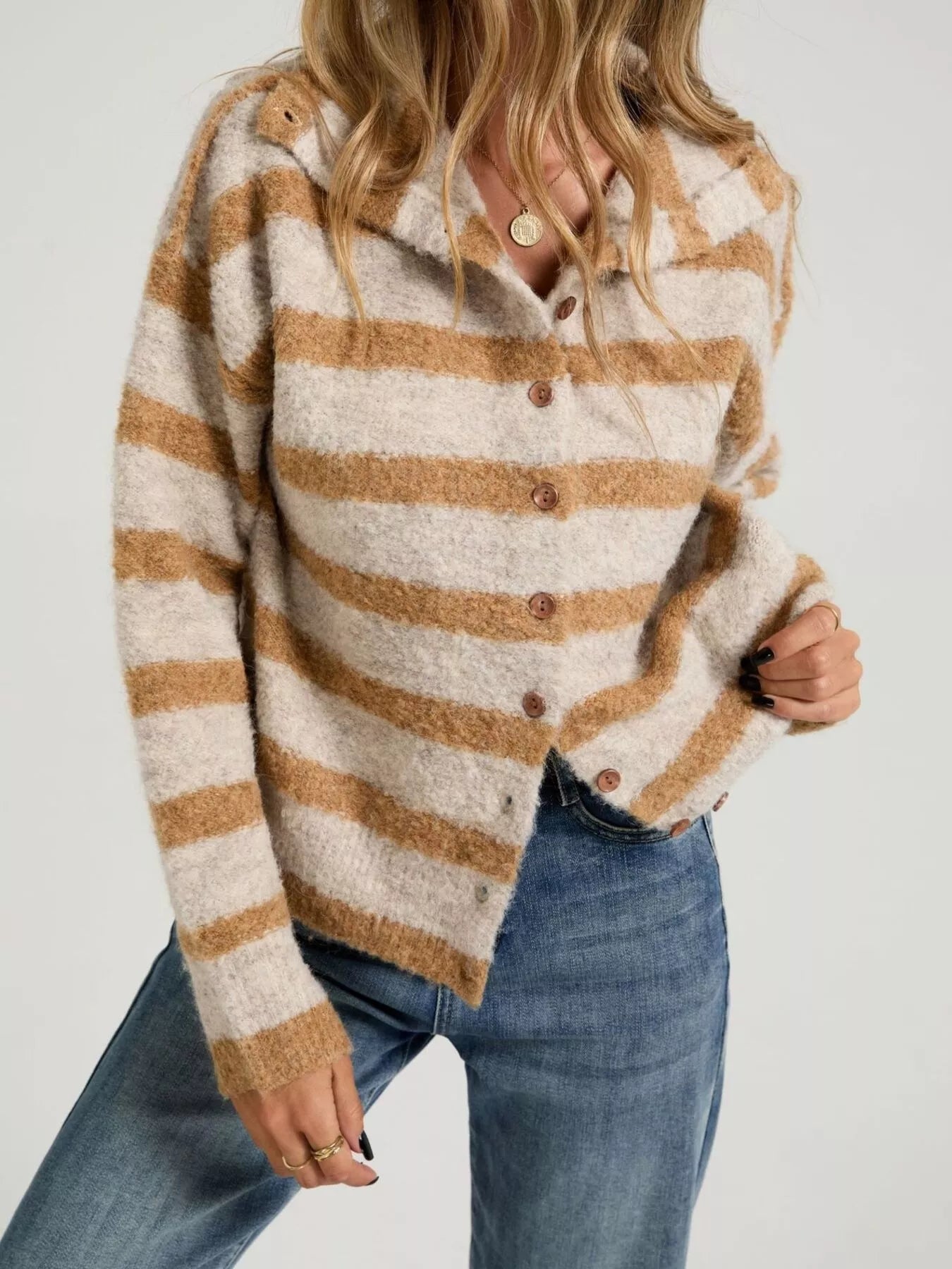 Trendsi Striped Fuzzy Knit Cardigan -