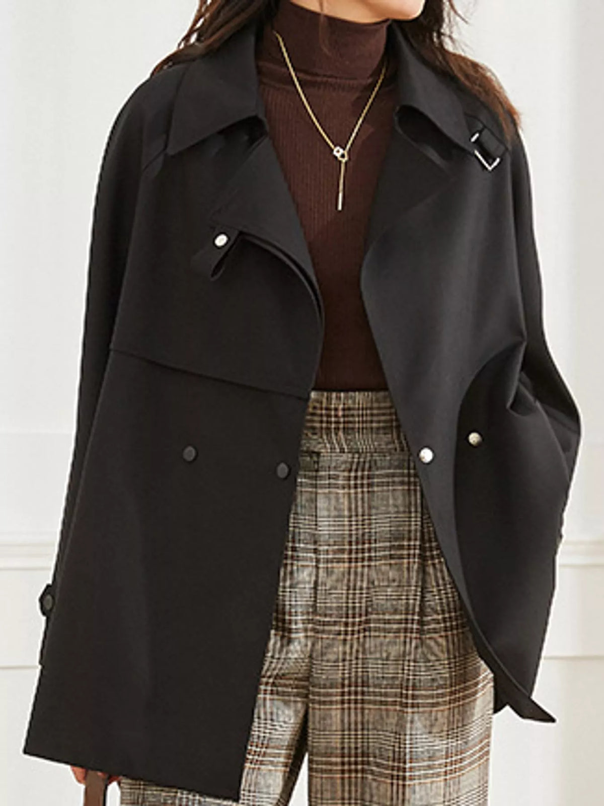 Double-Breasted Tie Waist Trench Coat in black