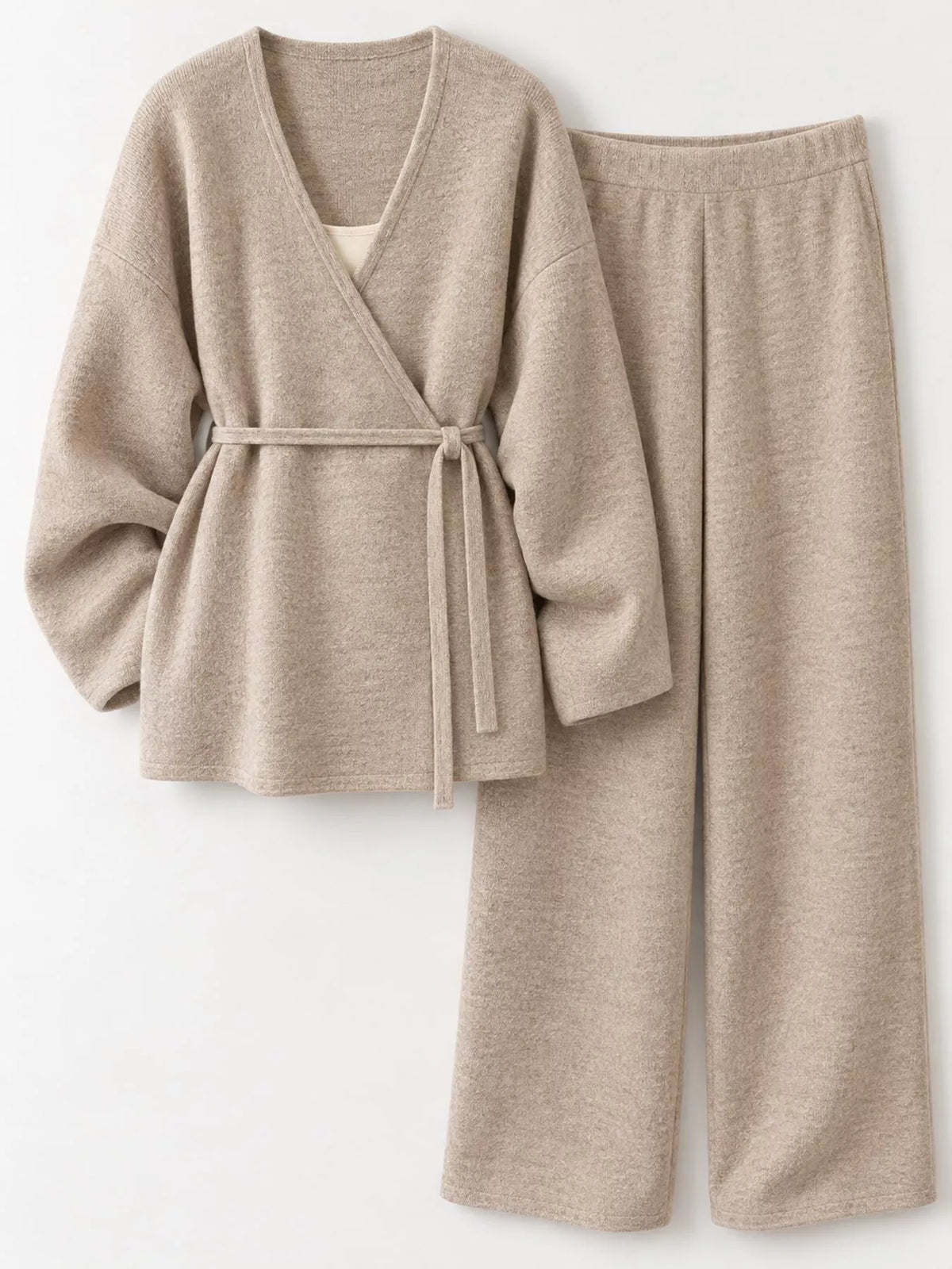 V-Neck Tied Wrap Cardigan and Wide-Leg Pants Sweater Set — garment front