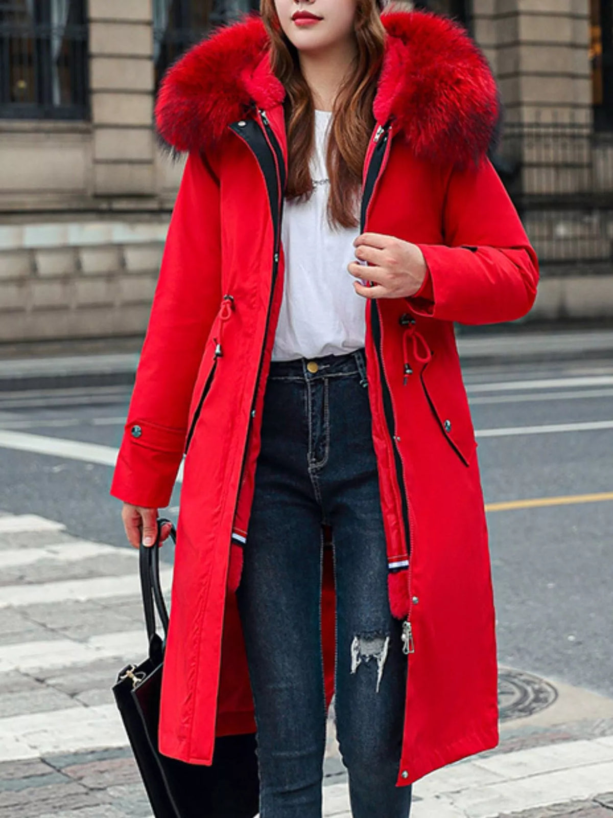 Faux-fur-trim parka, red open front
