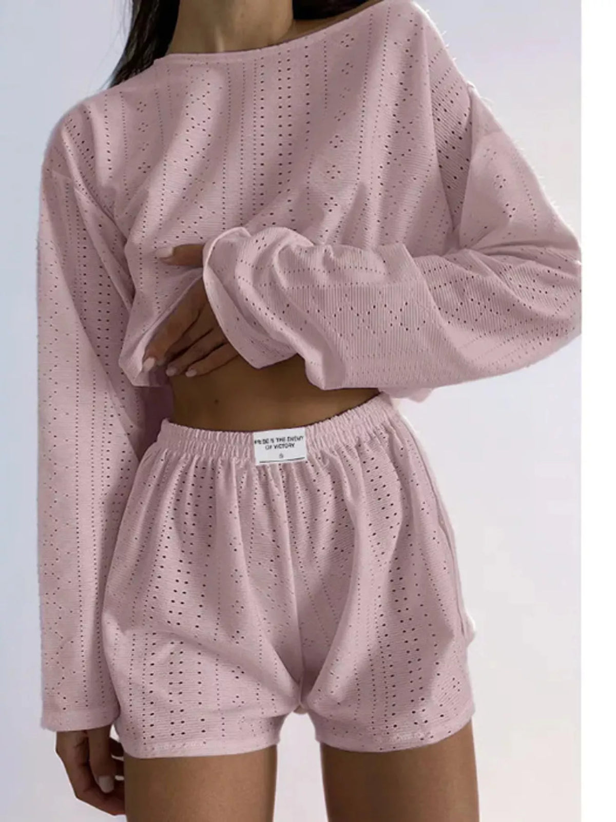 Eyelet Long Sleeve Top and Shorts Lounge Set in pink