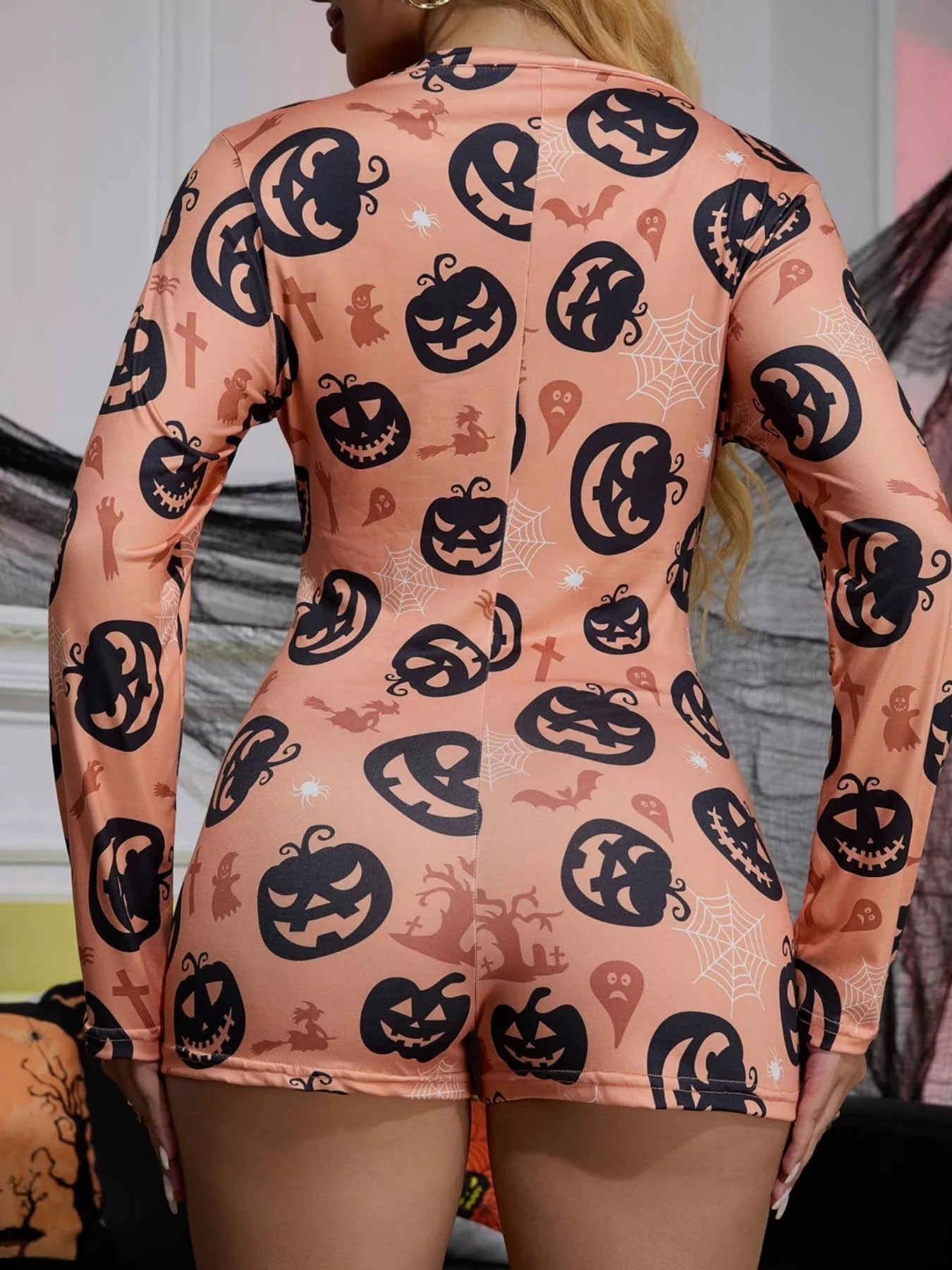 Trendsi Halloween Pumpkin Print Button-Front Lounge Romper -