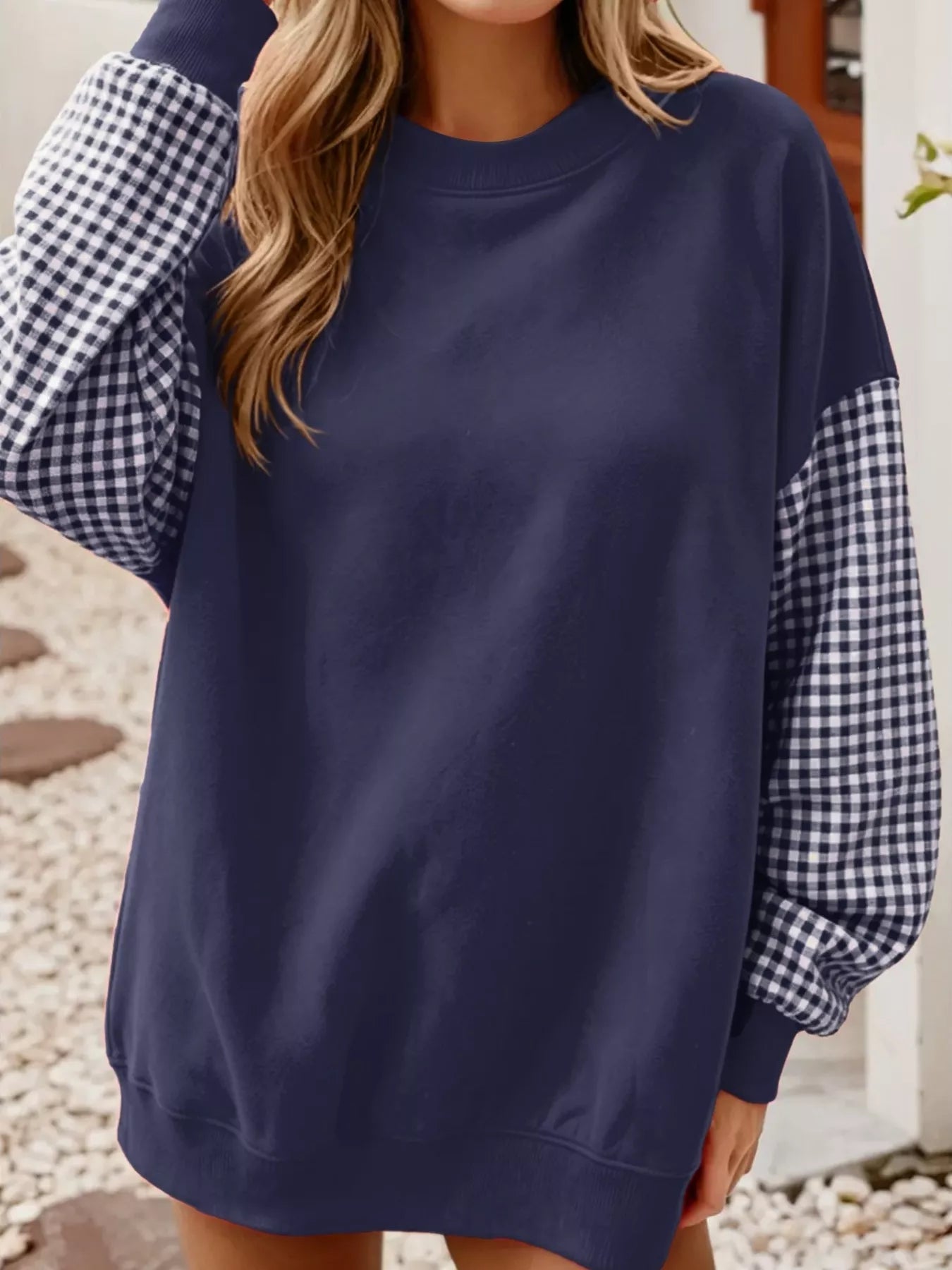 Trendsi Contrast Gingham Long Sleeve Sweatshirt -