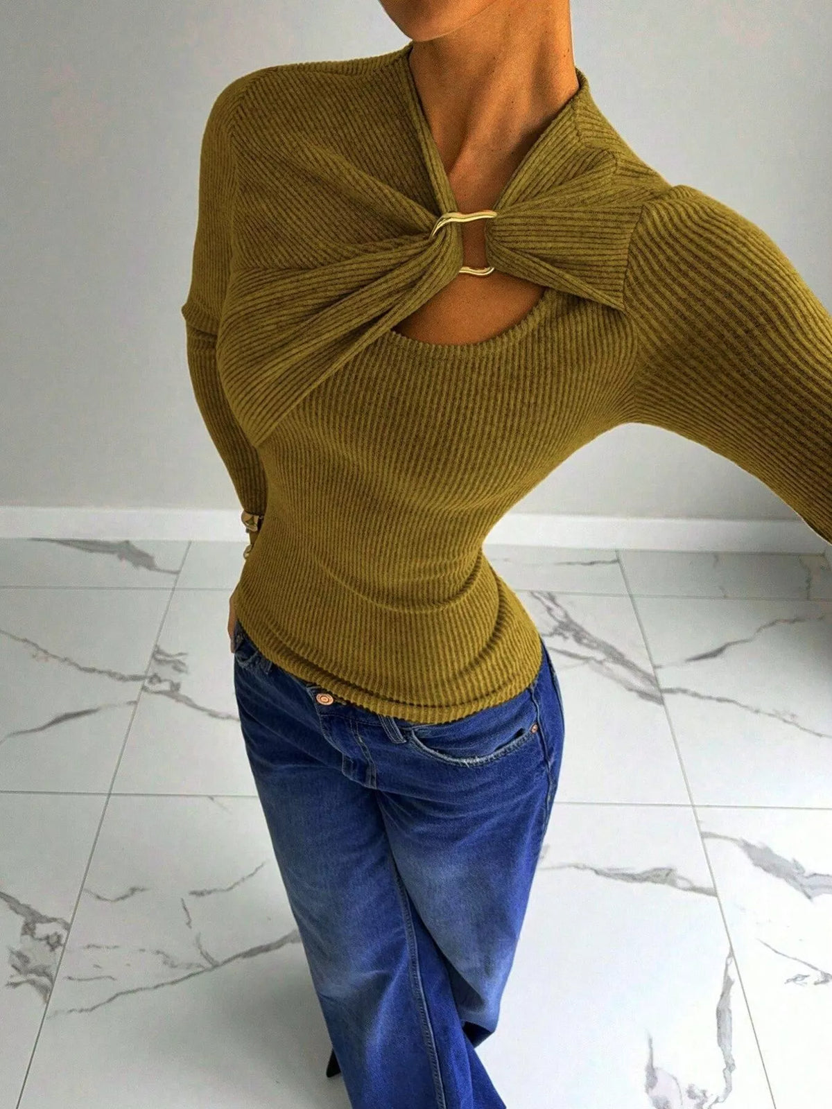 Women's Gold Ring Cutout Detail Top in olive — front view