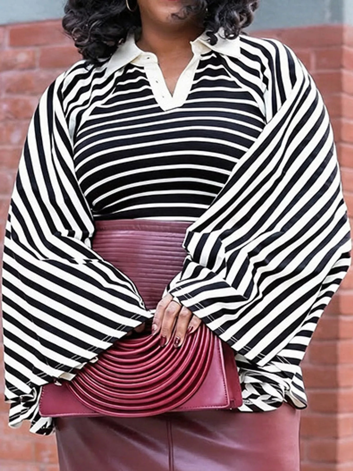 Collared long sleeve top, front view on model