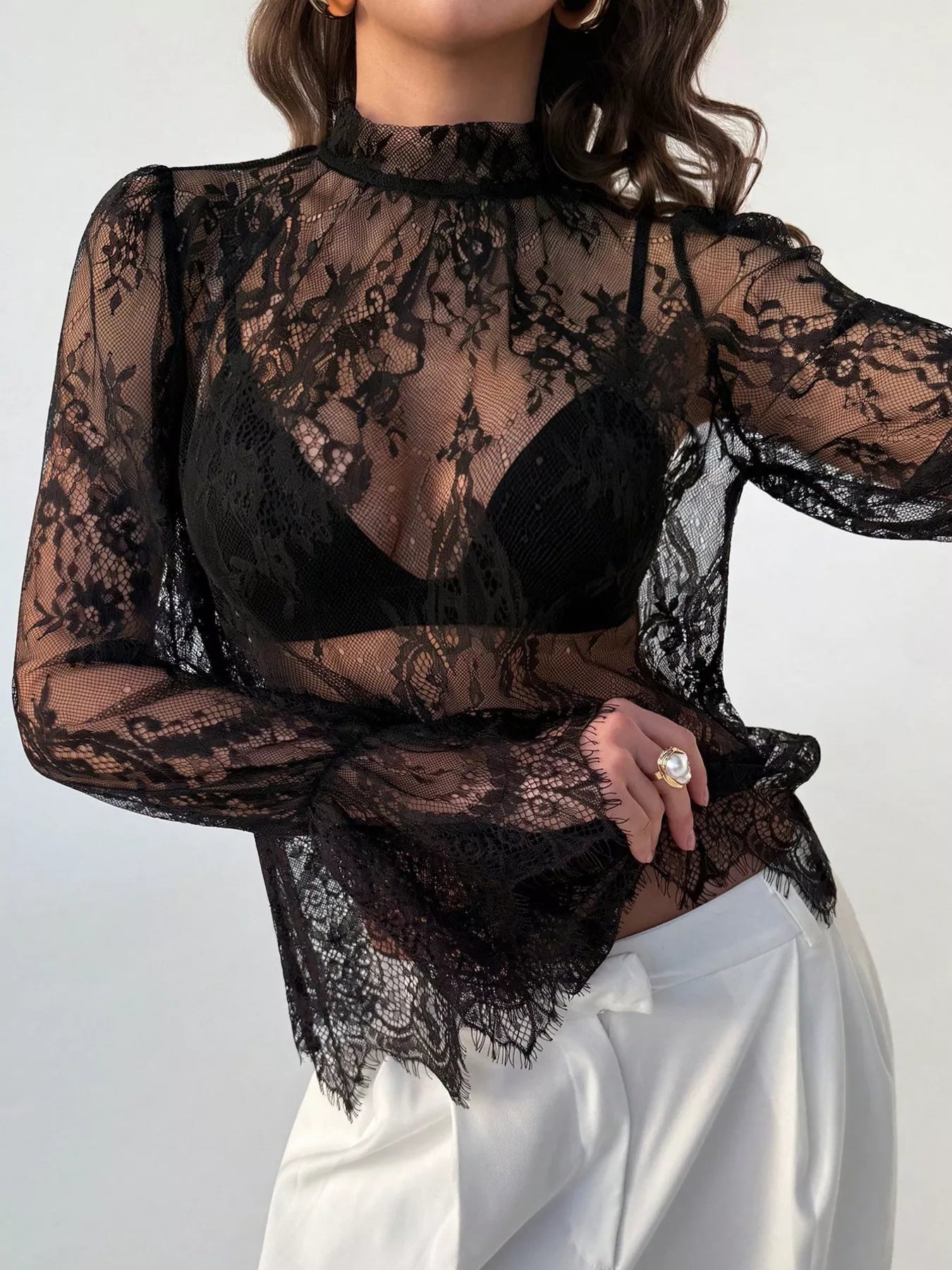 Trendsi Lace Flounce Sleeve Top -