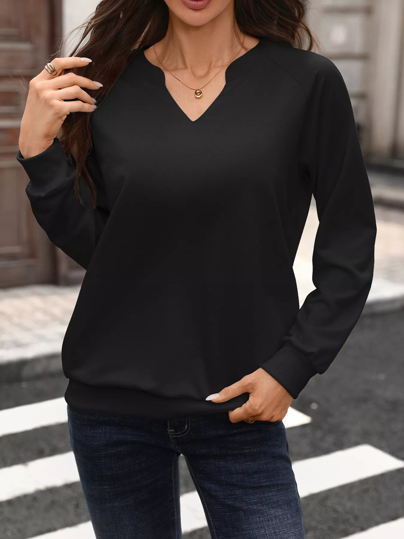 Trendsi Notched Raglan Sleeve Sweatshirt -