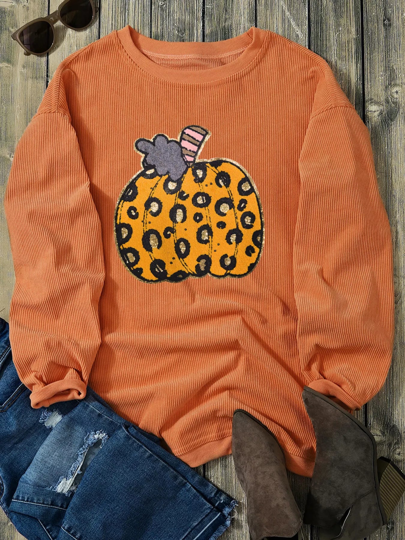 Trendsi Halloween Leopard Pumpkin Patchwork Ribbed Sweatshirt -