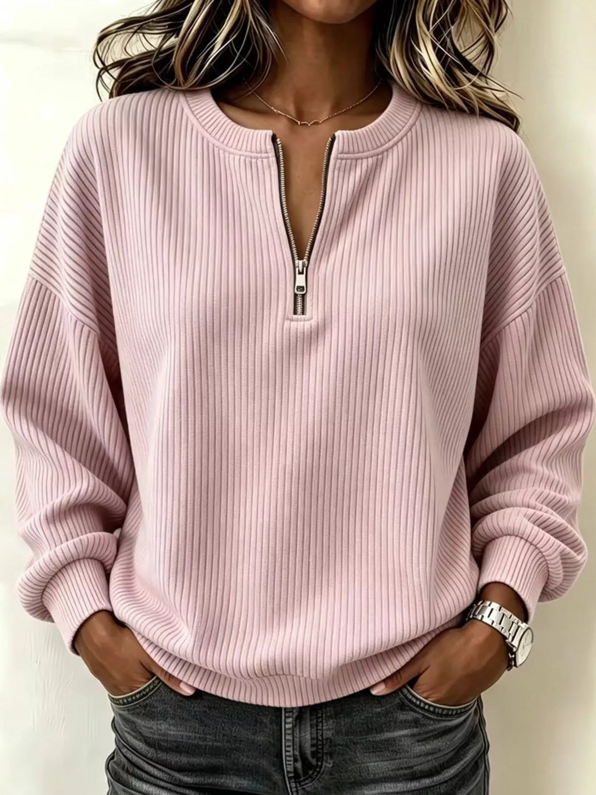 Women's Quarter-Zip Dropped Shoulder Sweatshirt in pink — front view