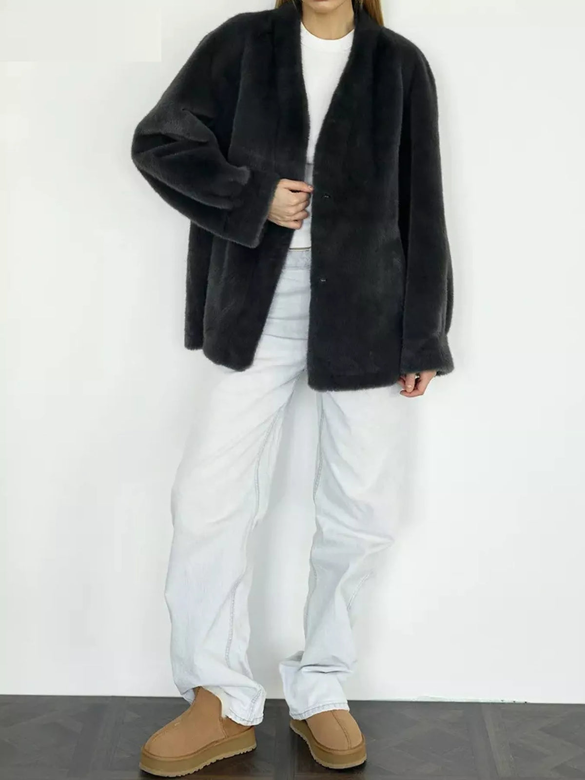 long sleeve jacket, front view on model