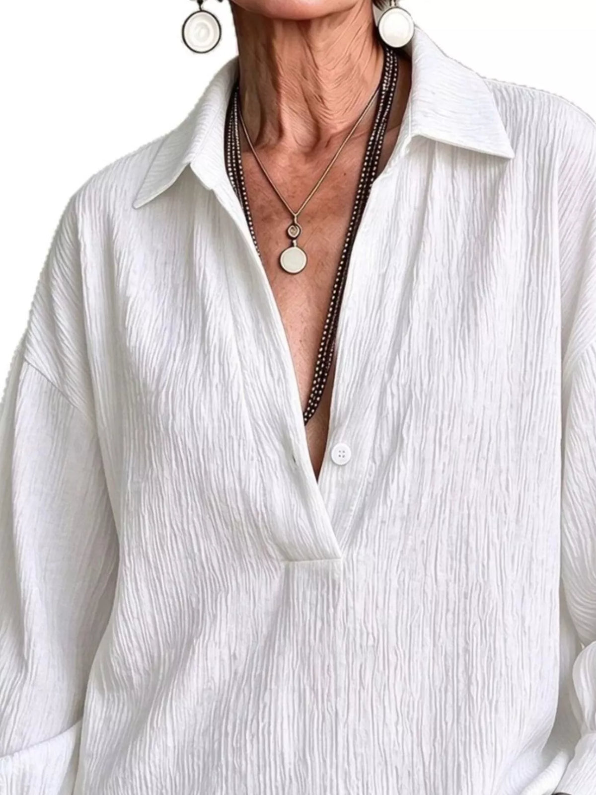 Women's Textured Lantern Sleeves Blouse in white — neckline detail view