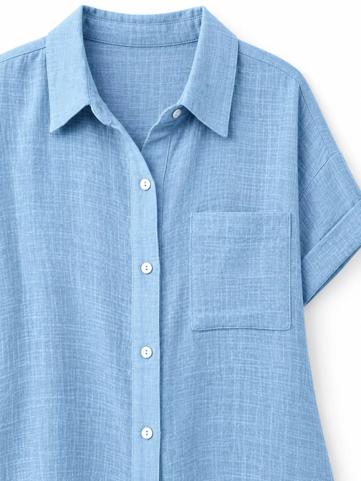 Women's Button Up Short Sleeve Shirt in light blue — collar detail view
