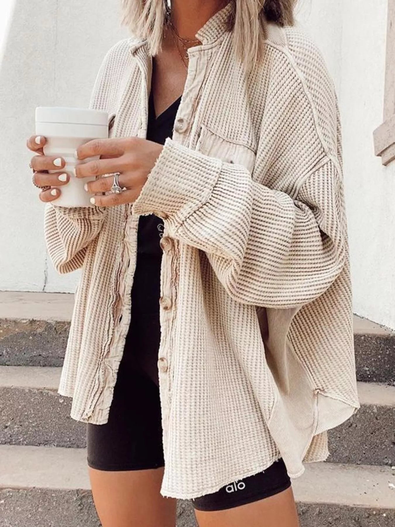 Trendsi Oversized Waffle Knit Button-Up Jacket -
