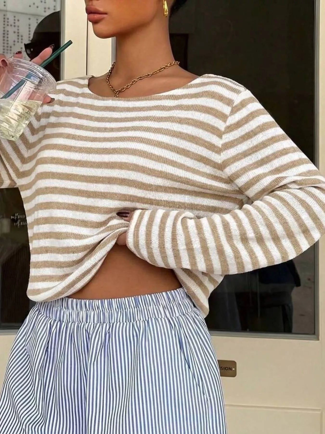 Trendsi Boat Neck Striped Long Sleeve T-Shirt -