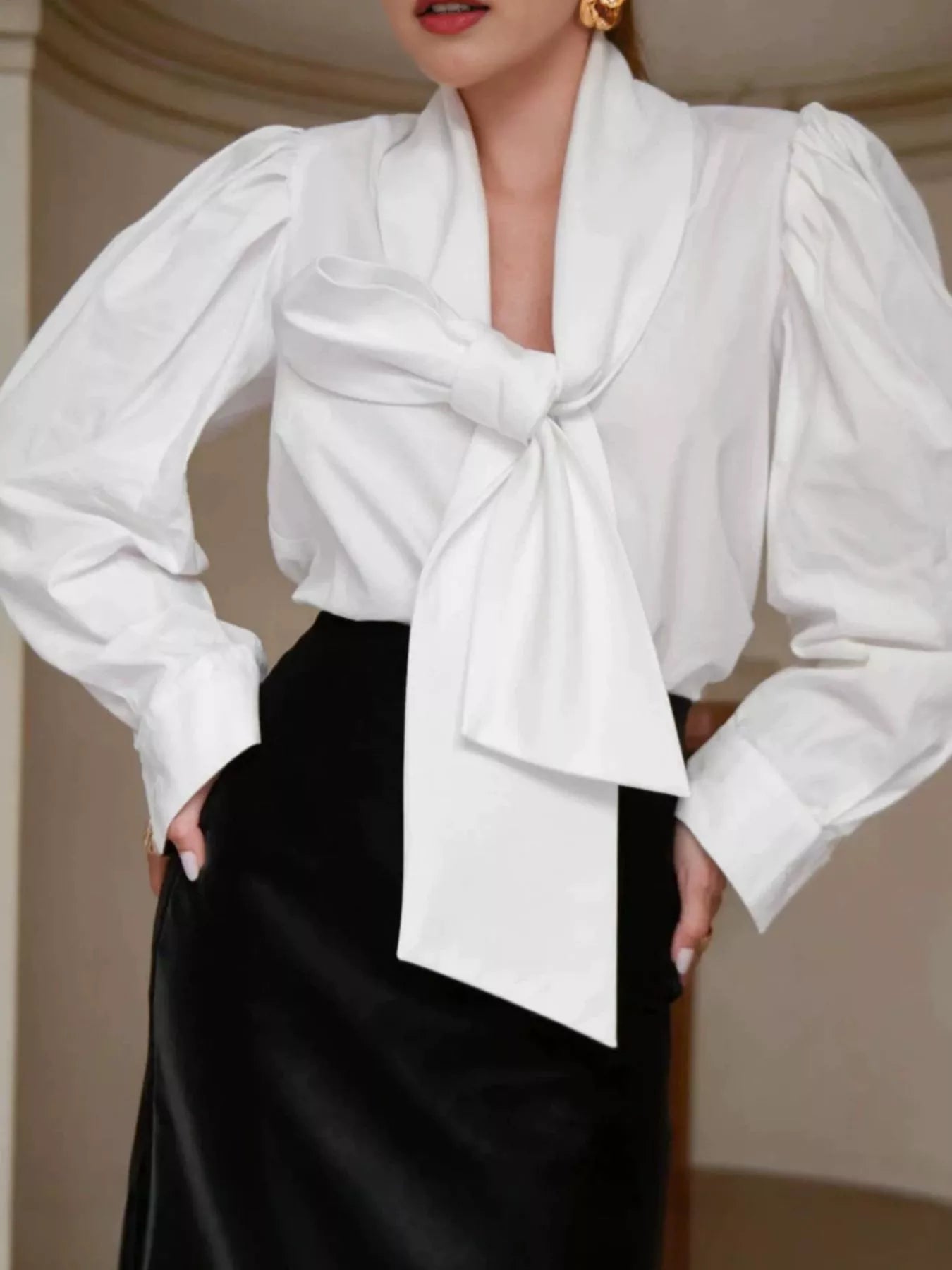 Trendsi Tie Front Puff Sleeve Shirt -
