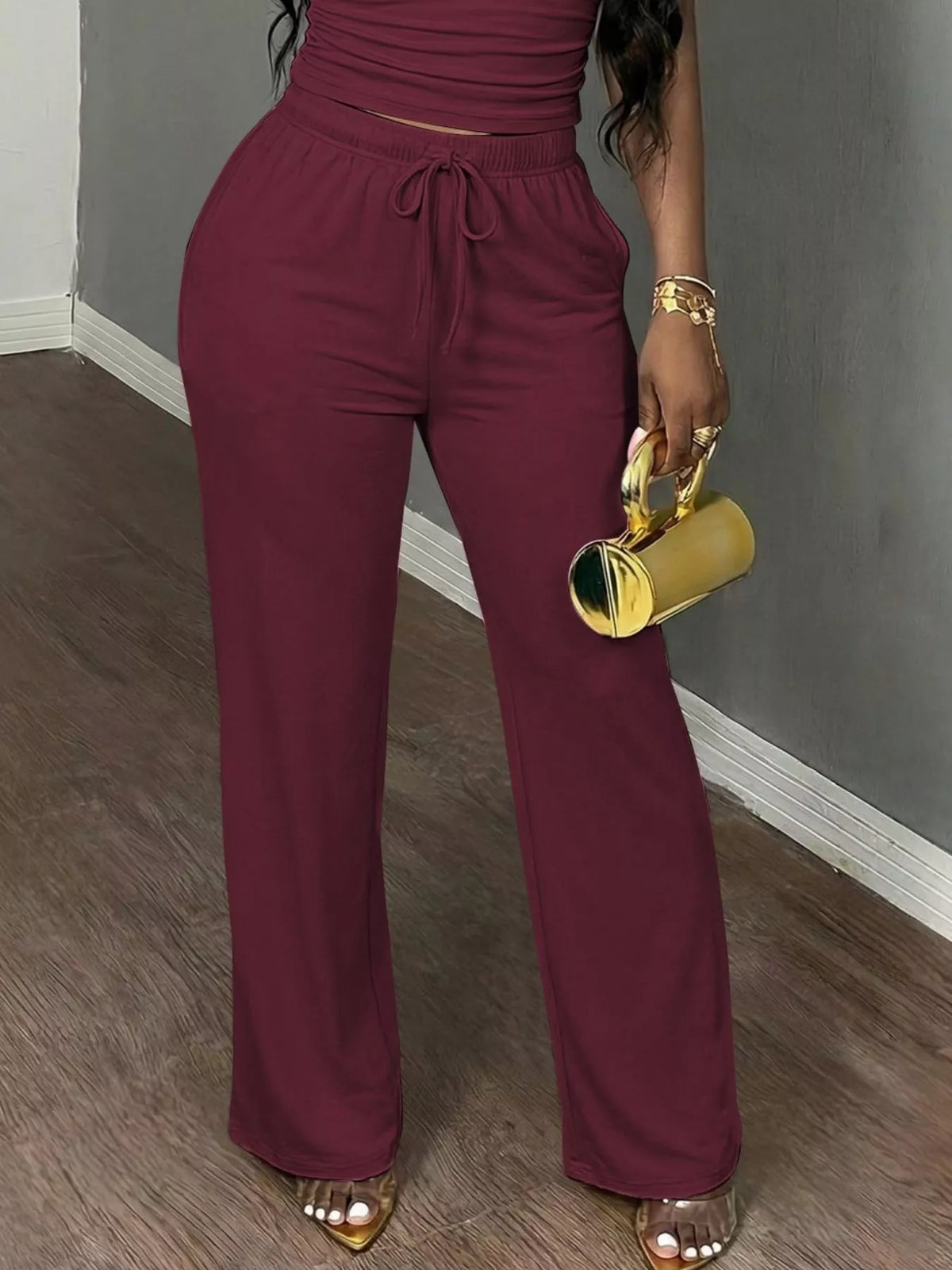 Burgundy Short Sleeve Top and Wide-Leg Pants Set, pants detail